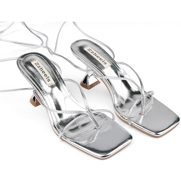 (H5) Zzheels Women's Square Toe Chunky Heel Lace-Up Strappy, Dift./Sizes Silver - Picture 11 of 13